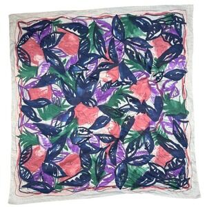 Annie Johansen Floral Cotton Scarf Square Abstract Print Green‎ Purple Pink